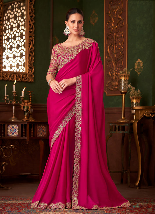 Glamorous Raspberry Pink Satin Silk Embroidered Saree for Wedding