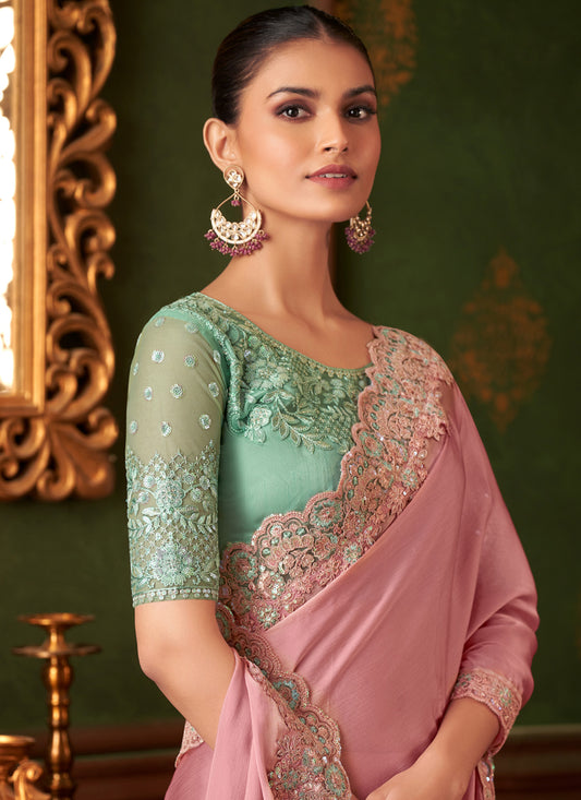 Marvelous Coral Pink Silk Chiffon Embroidered Saree for Wedding