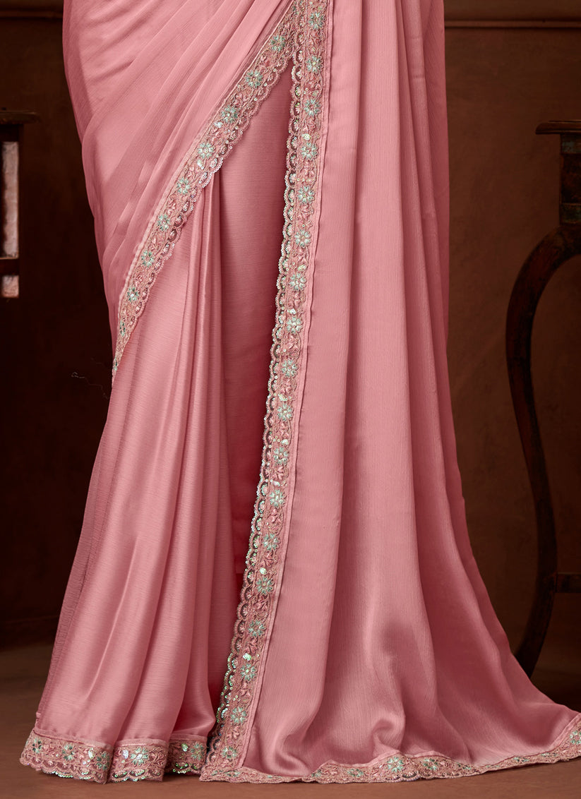 Marvelous Coral Pink Silk Chiffon Embroidered Saree for Wedding