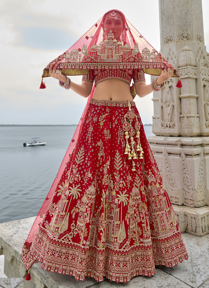 Hot Red Silk Embroidered Bridal Lehenga Choli