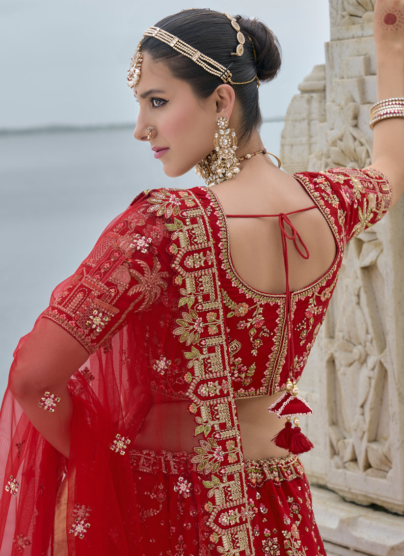 Hot Red Silk Embroidered Bridal Lehenga Choli