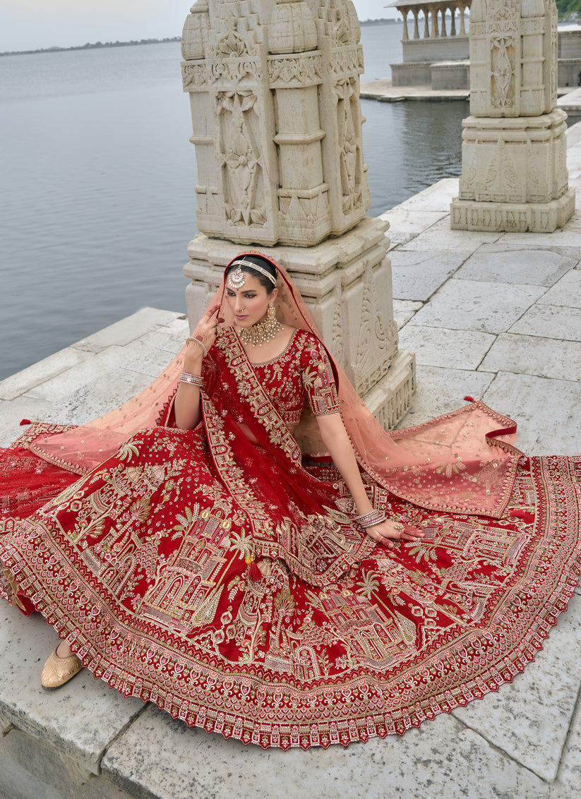 Hot Red Silk Embroidered Bridal Lehenga Choli