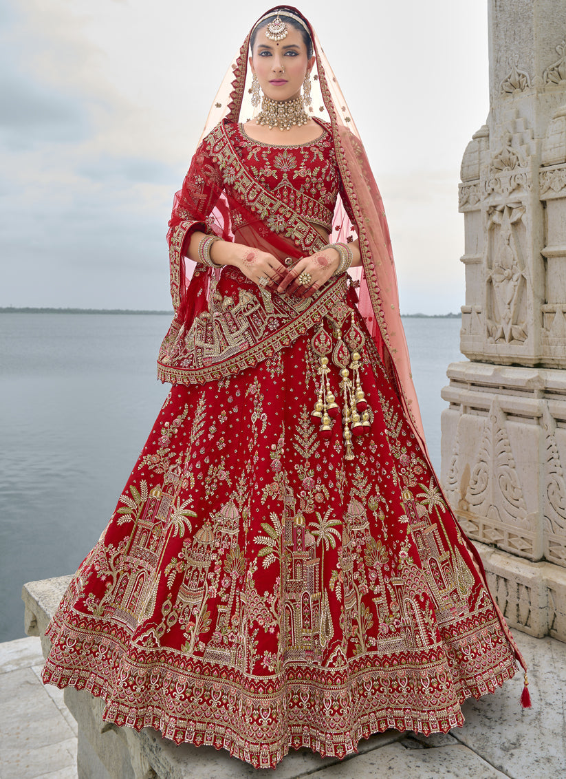 Hot Red Silk Embroidered Bridal Lehenga Choli