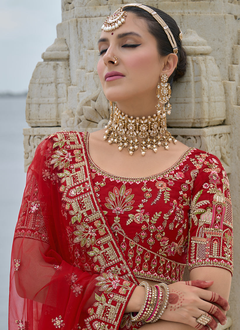 Hot Red Silk Embroidered Bridal Lehenga Choli