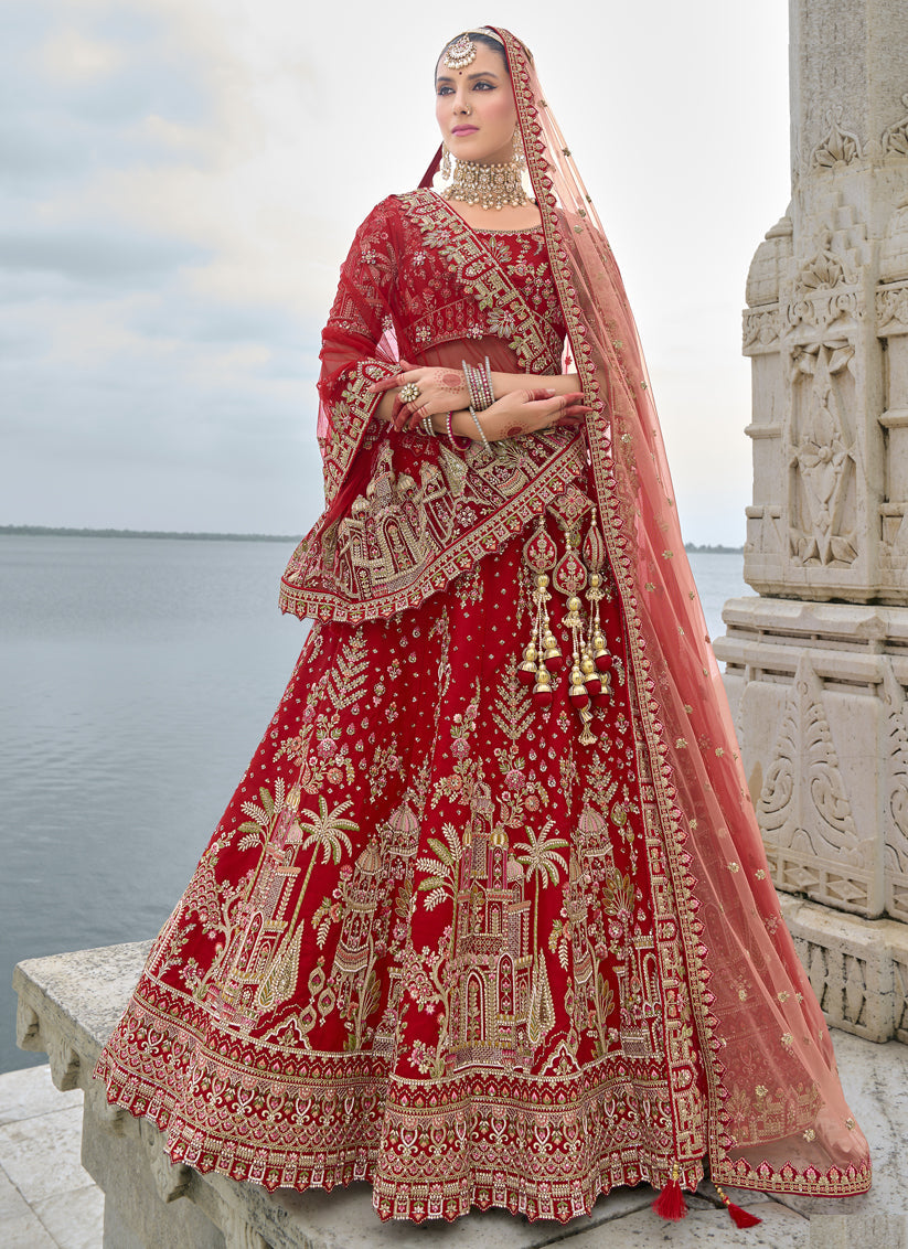 Hot Red Silk Embroidered Bridal Lehenga Choli