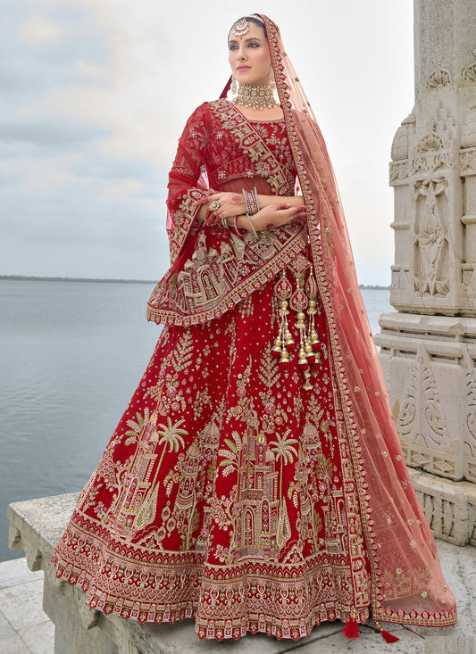Hot Red Silk Embroidered Bridal Lehenga Choli