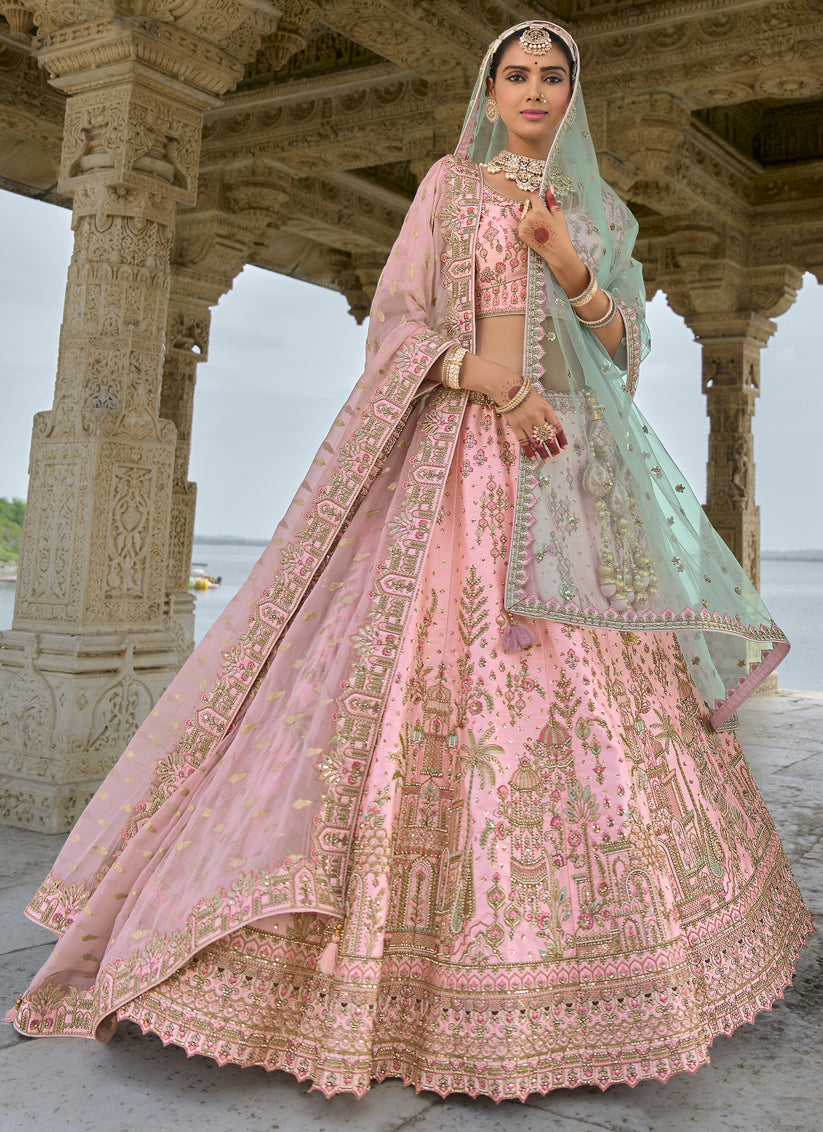 Rose Pink Silk Embroidered Bridal Lehenga Choli