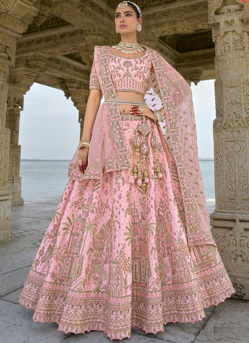 Rose Pink Silk Embroidered Bridal Lehenga Choli