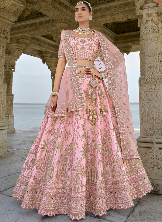 Rose Pink Silk Embroidered Bridal Lehenga Choli