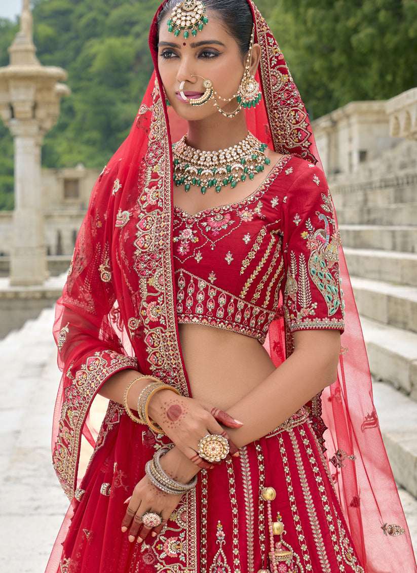 Hot Red Silk Embroidered Bridal Lehenga Choli