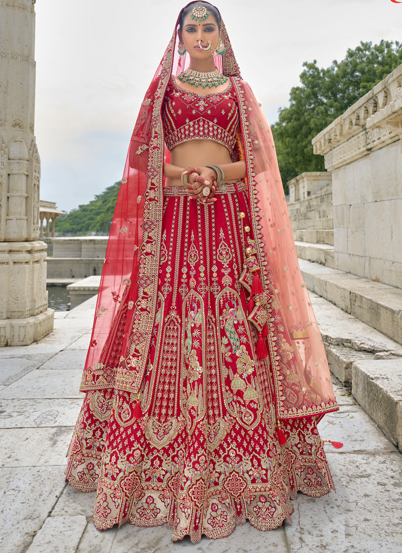 Hot Red Silk Embroidered Bridal Lehenga Choli
