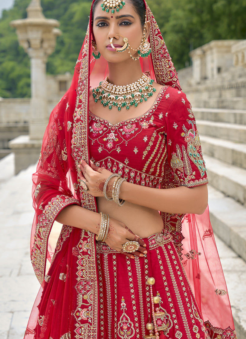 Hot Red Silk Embroidered Bridal Lehenga Choli