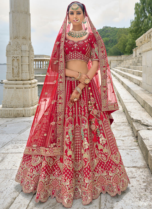 Hot Red Silk Embroidered Bridal Lehenga Choli