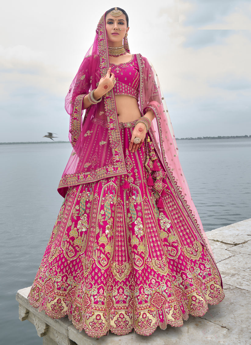 Rani Pink Silk Embroidered Bridal Lehenga Choli