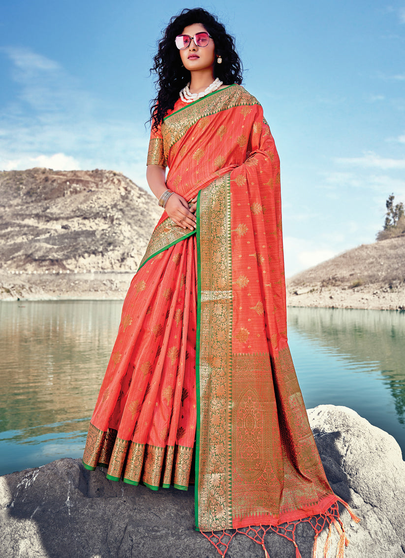 Orange Banarasi Silk Wedding Saree