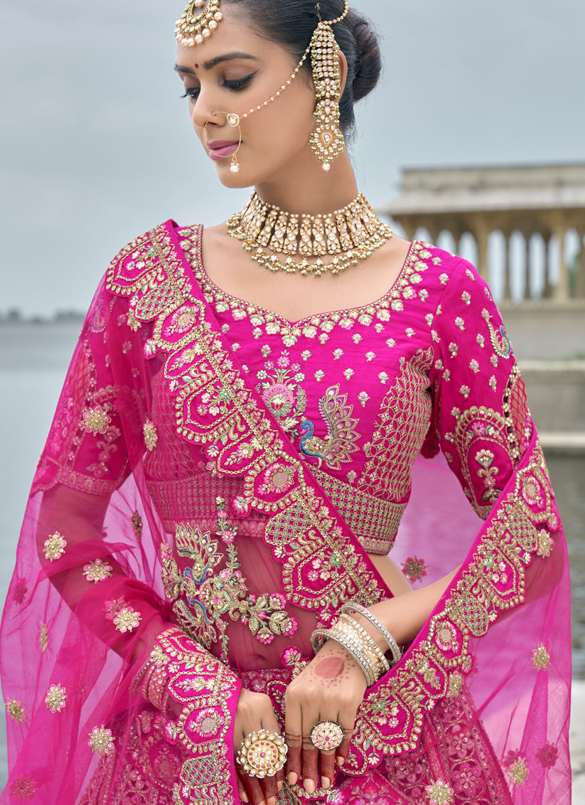 Rani Pink Silk Embroidered Bridal Lehenga Choli