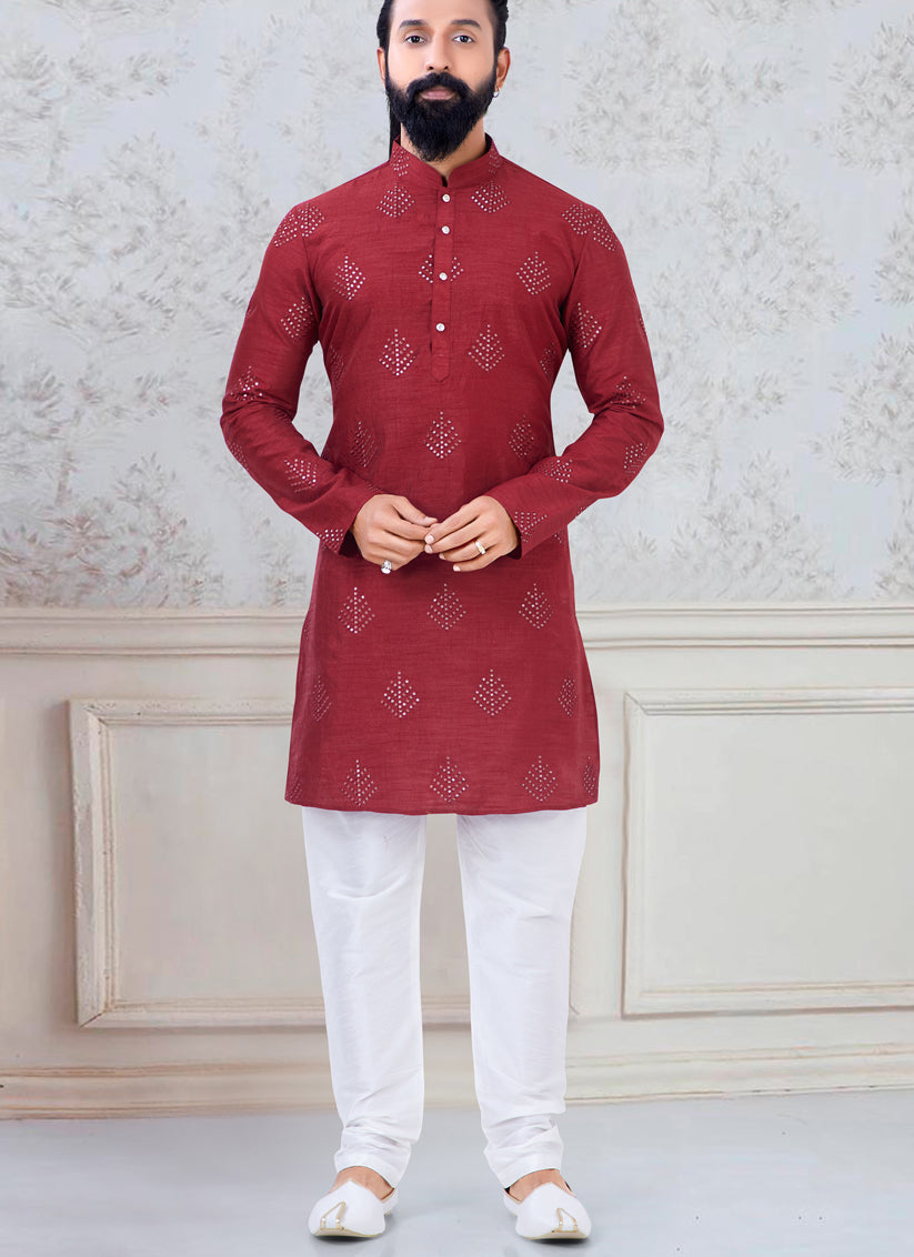 Alluring Red Silk Mens Kurta Pyjama Set