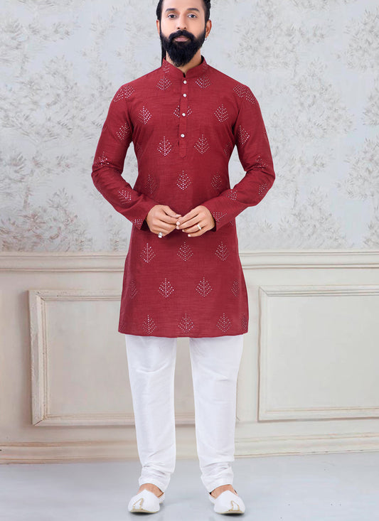 Alluring Red Silk Mens Kurta Pyjama Set