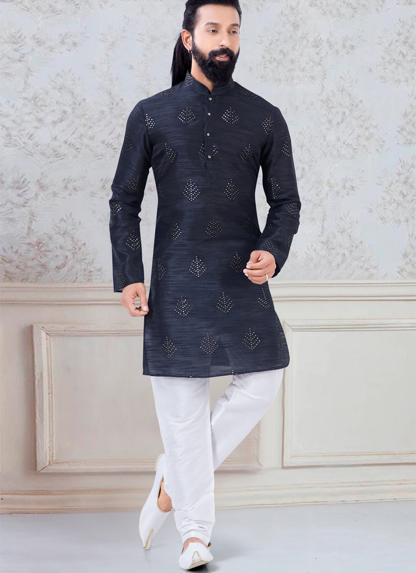 Dashing Black Silk Mens Kurta Pyjama Set