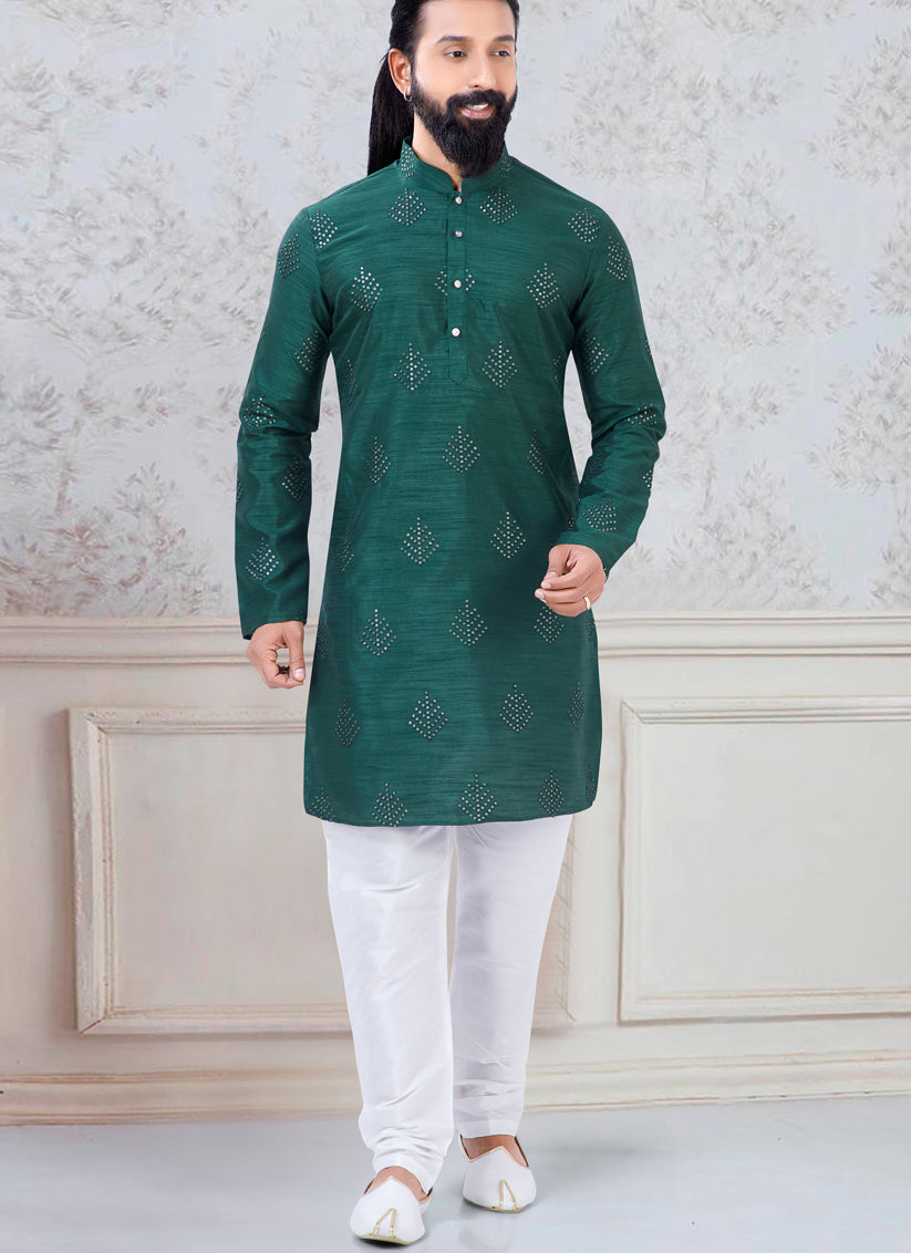 Outstanding Green Silk Mens Kurta Pyjama Set