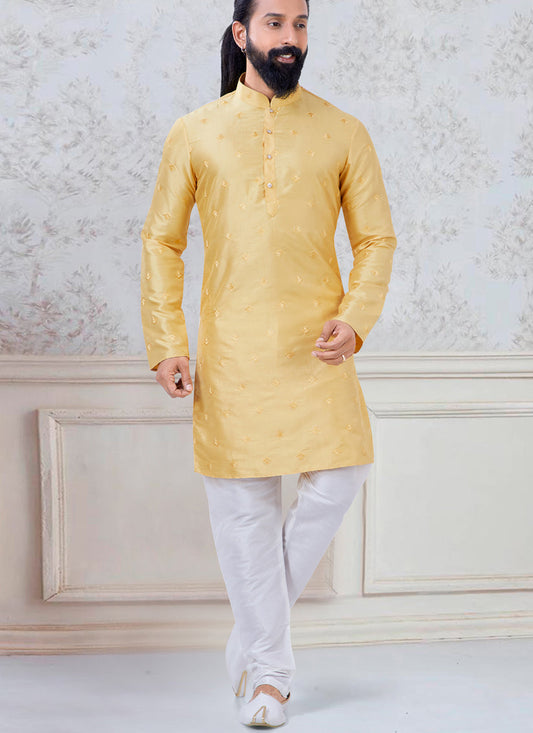 Marvelous Yellow Silk Mens Kurta Pyjama Set