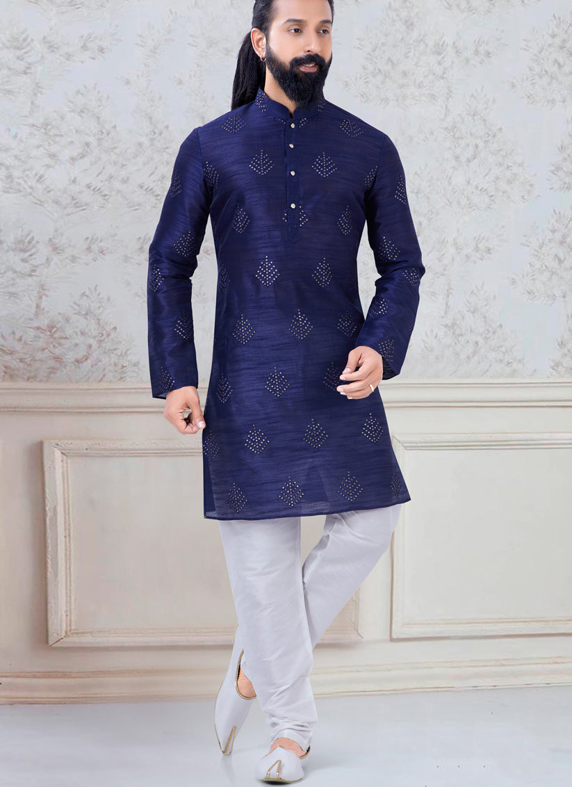 Alluring Navy Blue Silk Mens Kurta Pyjama Set