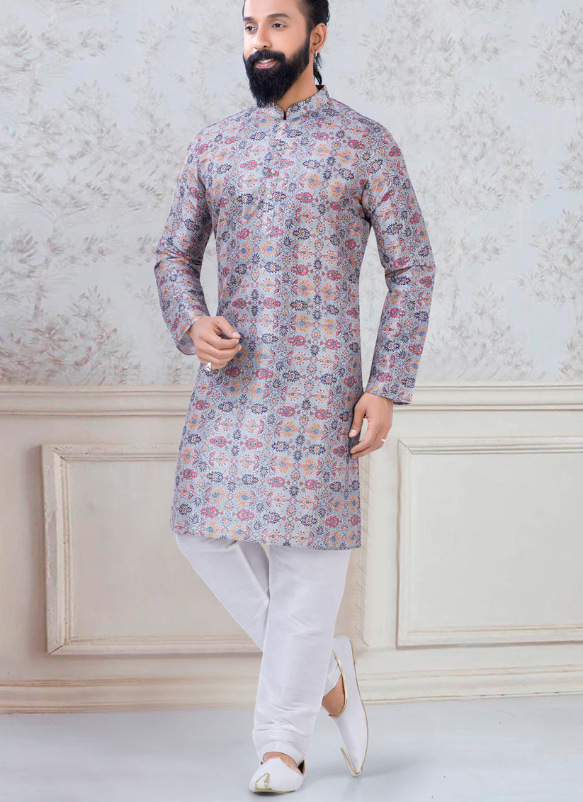 Dashing Grey Silk Mens Kurta Pyjama Set