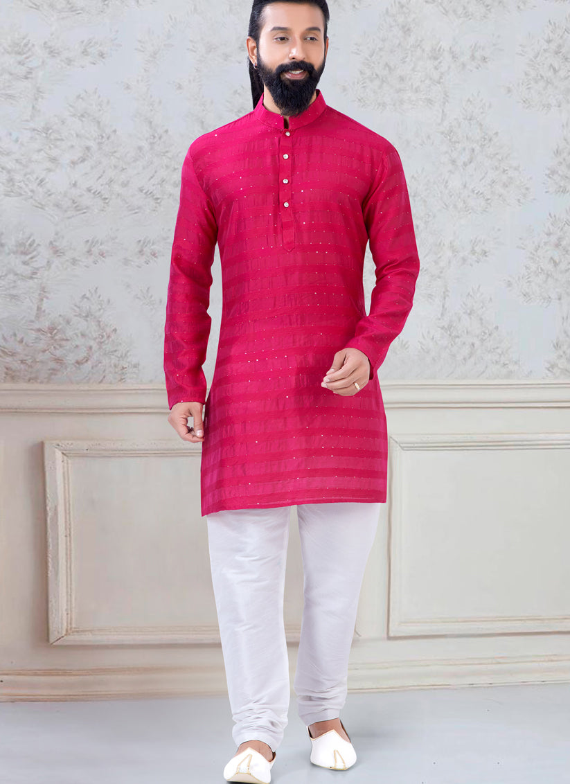 Marvelous Rani Pink Georgette Mens Kurta Pyjama Set