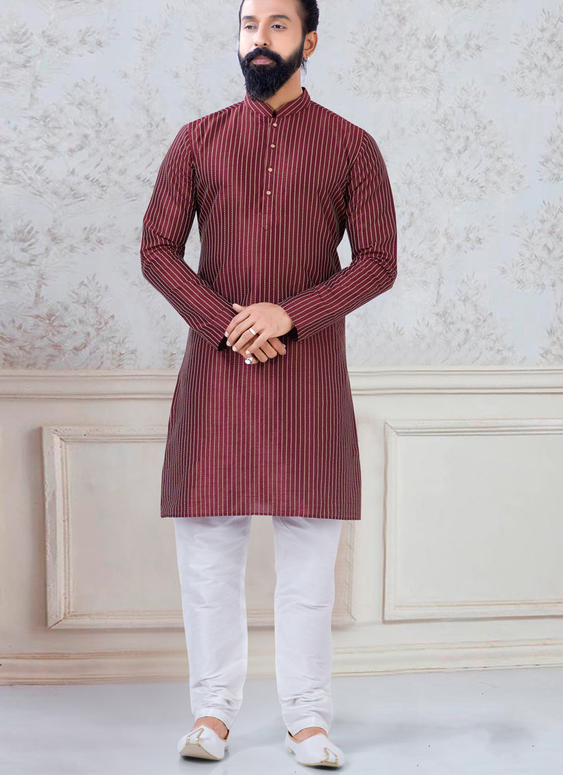 Alluring Maroon Silk Mens Kurta Pyjama Set