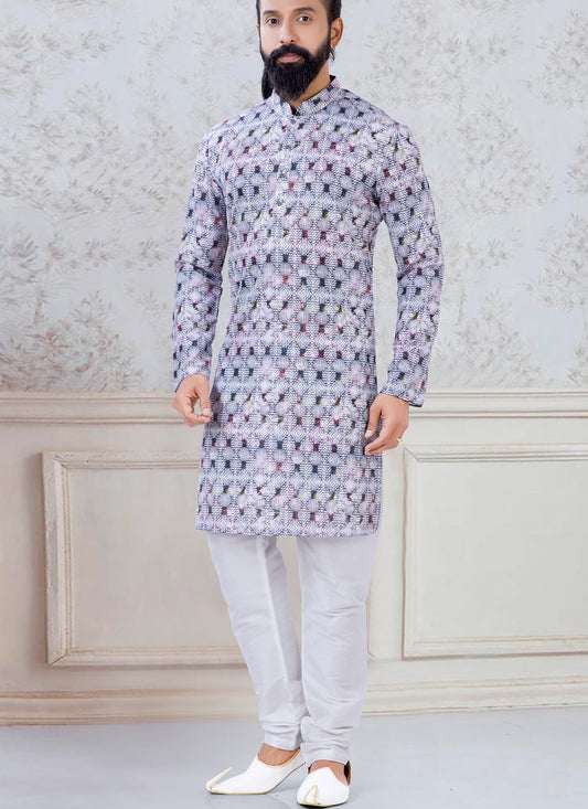 Outstanding Grey Silk Mens Kurta Pyjama Set