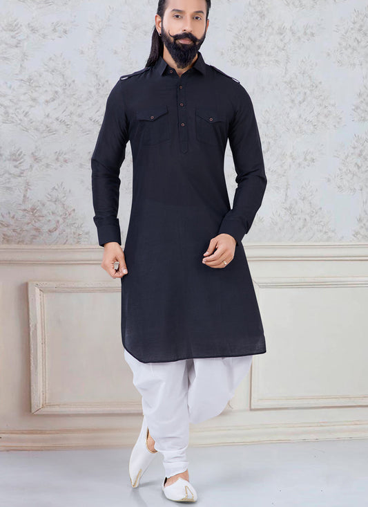 Marvelous Black Cotton Mens Kurta Pyjama Set