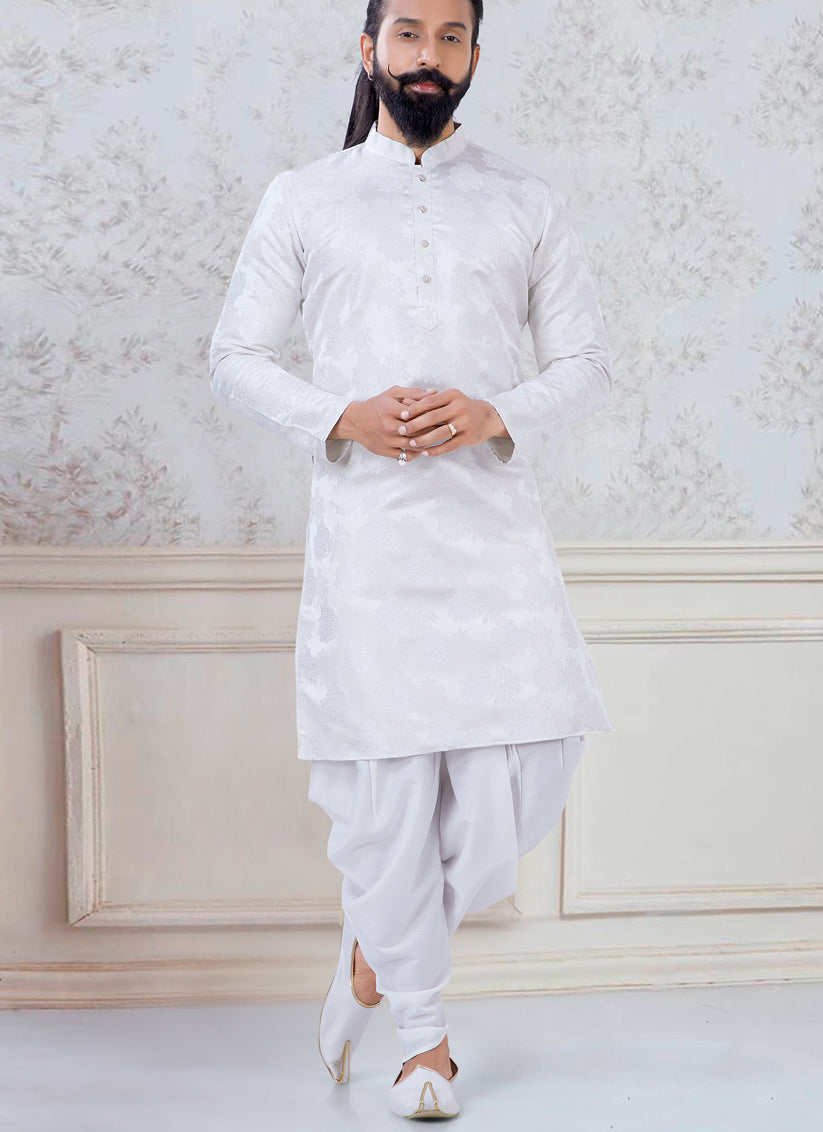 Alluring Cream Jacquard Mens Kurta Pyjama Set