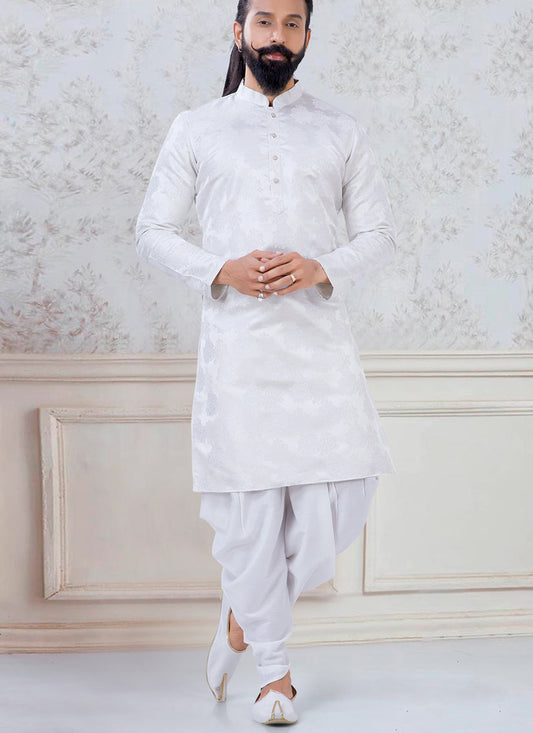 Alluring Cream Jacquard Mens Kurta Pyjama Set