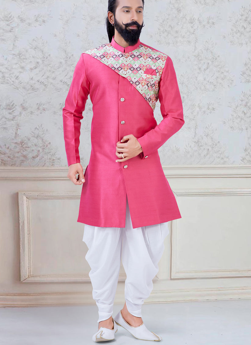 Outstanding Rani Pink Silk Mens Indo Western