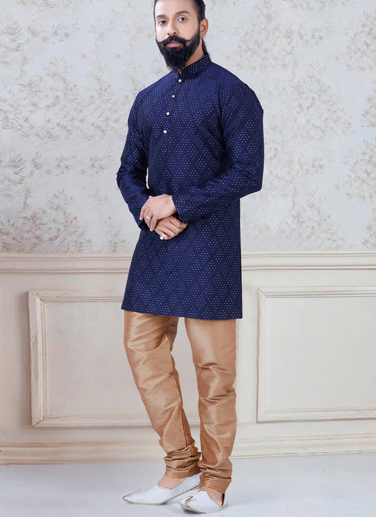Marvelous Navy Blue Silk Mens Kurta Pyjama Set