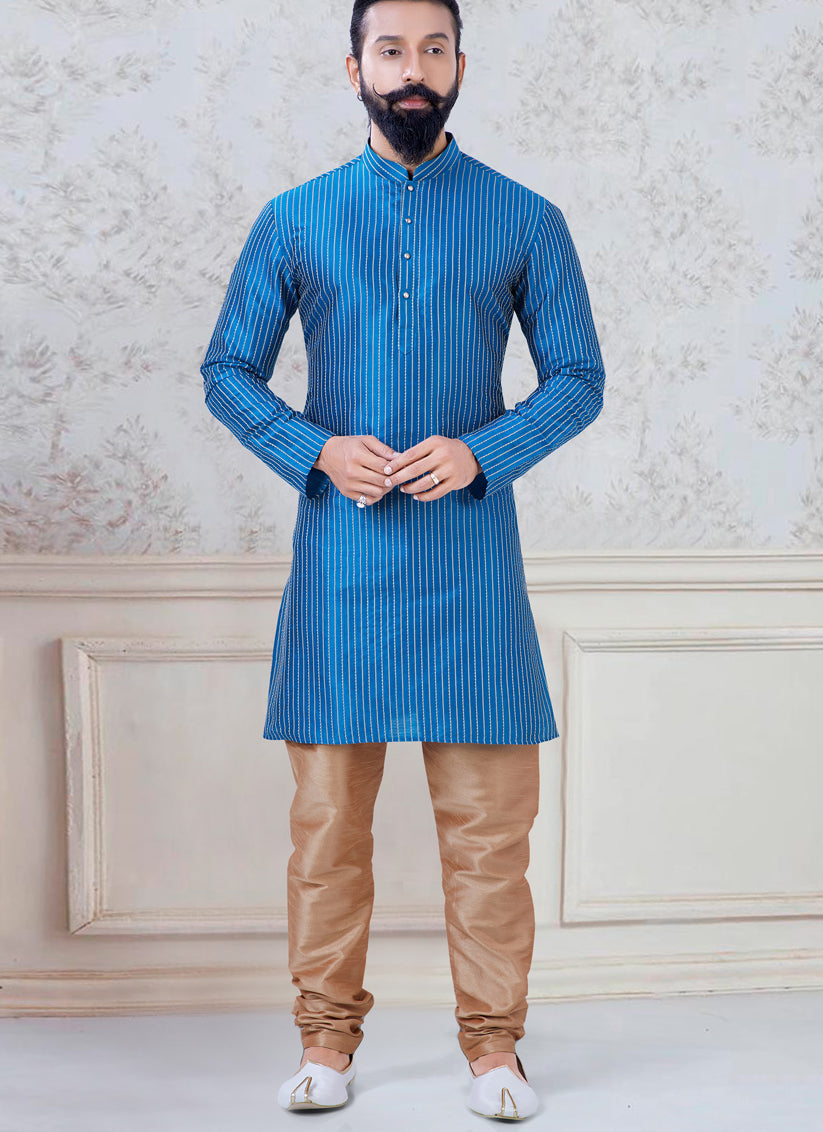 Alluring Sky Blue Silk Mens Kurta Pyjama Set