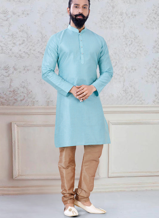 Dashing Sky Blue Silk Mens Kurta Pyjama Set