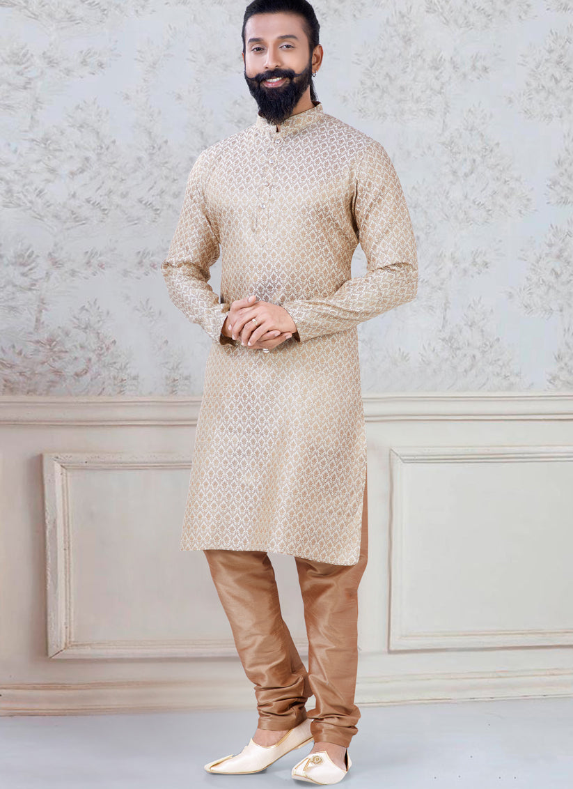 Marvelous Beige Brocade Mens Kurta Pyjama Set