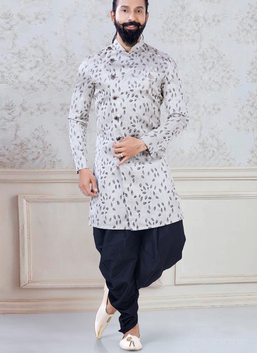 Outstanding Grey Jacquard Mens Indo Western