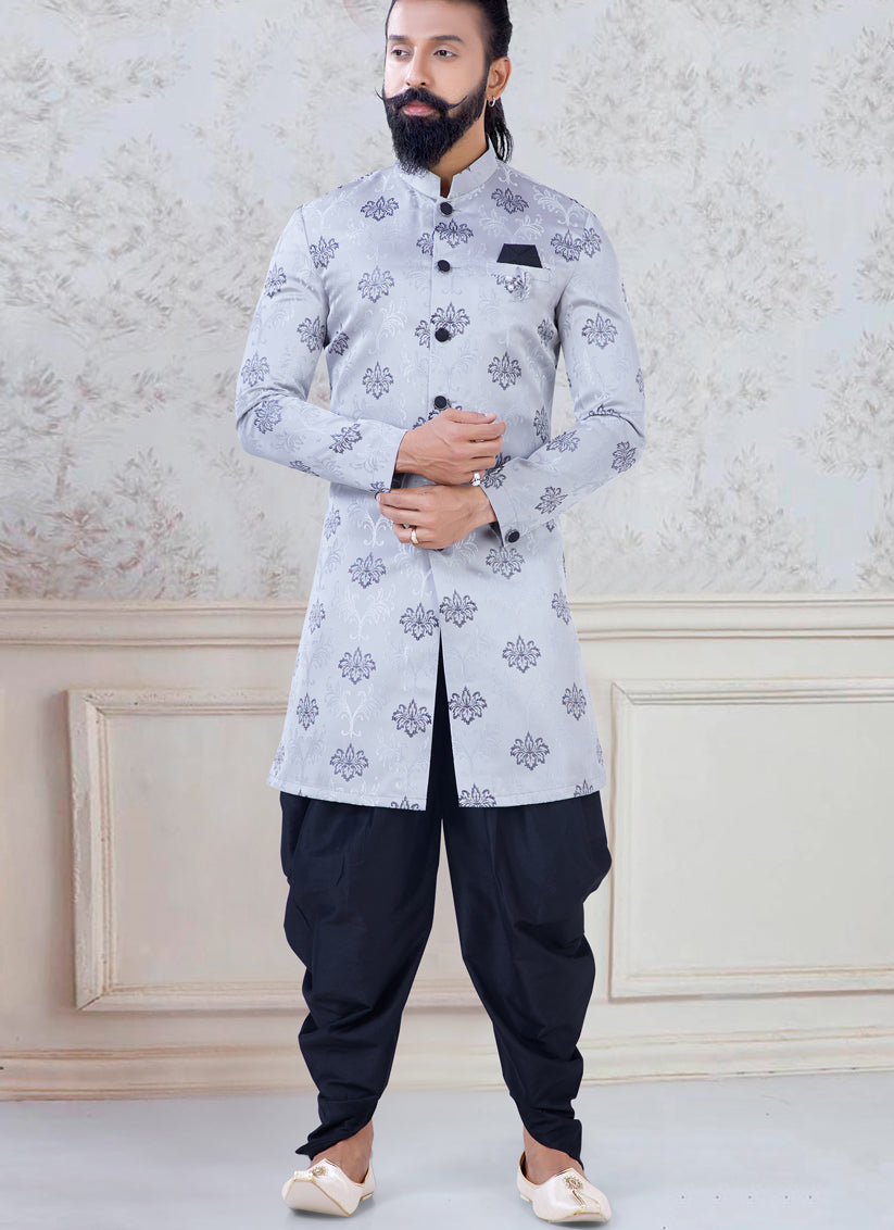 Marvelous Grey Jacquard Mens Indo Western