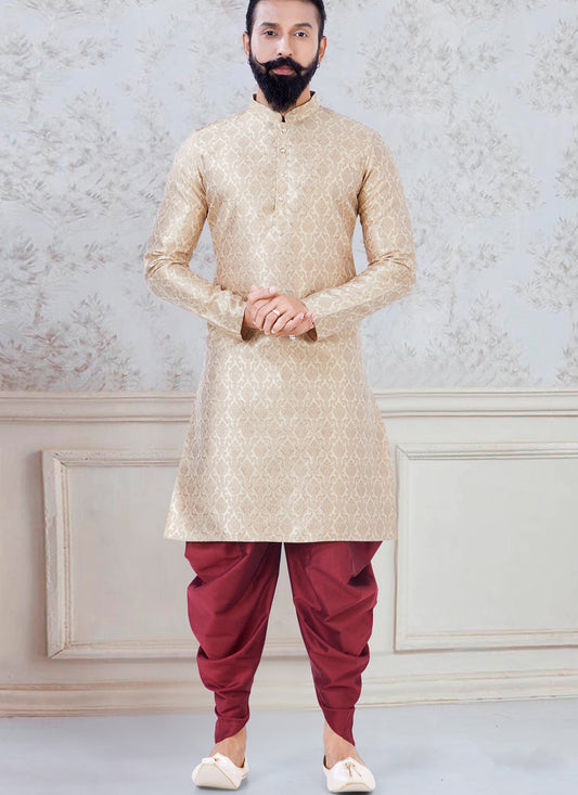 Alluring Beige Jacquard Mens Kurta Pyjama Set