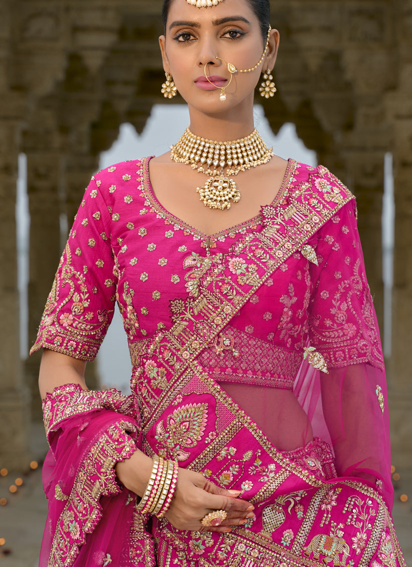 Rani Pink Silk Embroidered Bridal Lehenga Choli