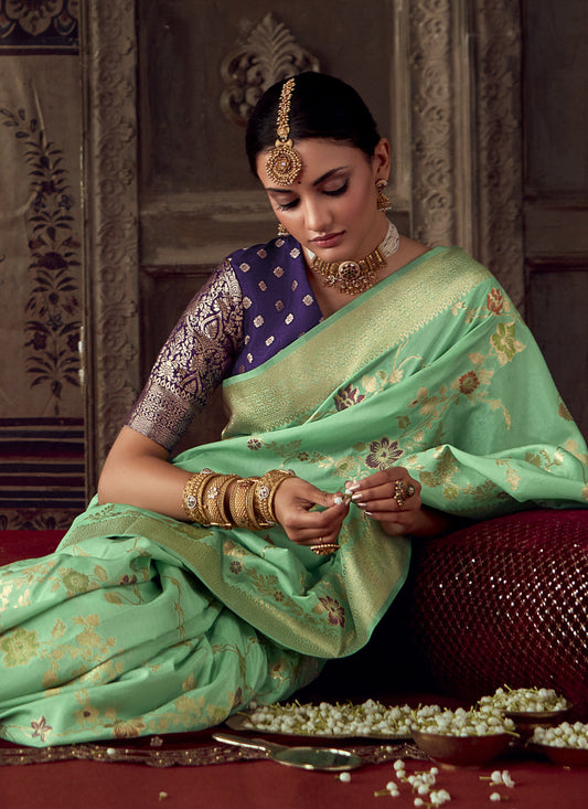 Sea Green Banarasi Crepe Georgette Zari Woven Saree