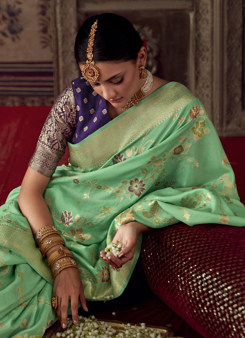 Sea Green Banarasi Crepe Georgette Zari Woven Saree