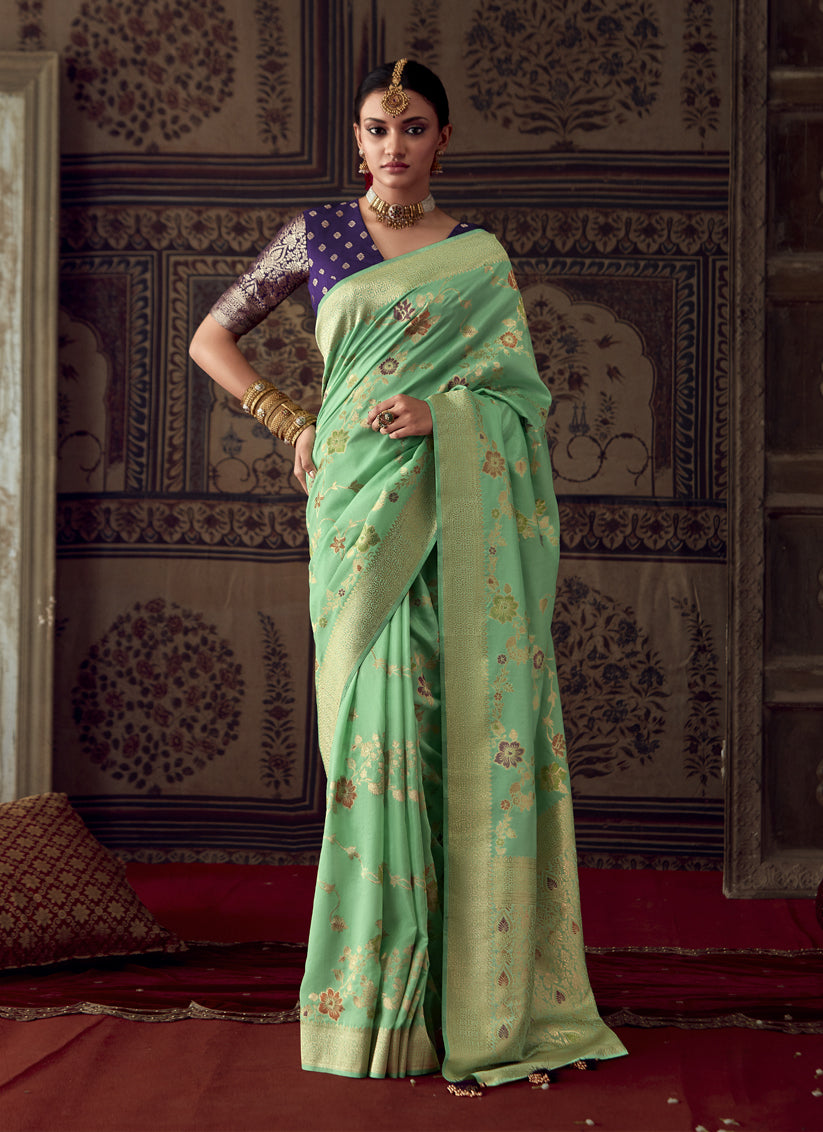Sea Green Banarasi Crepe Georgette Zari Woven Saree
