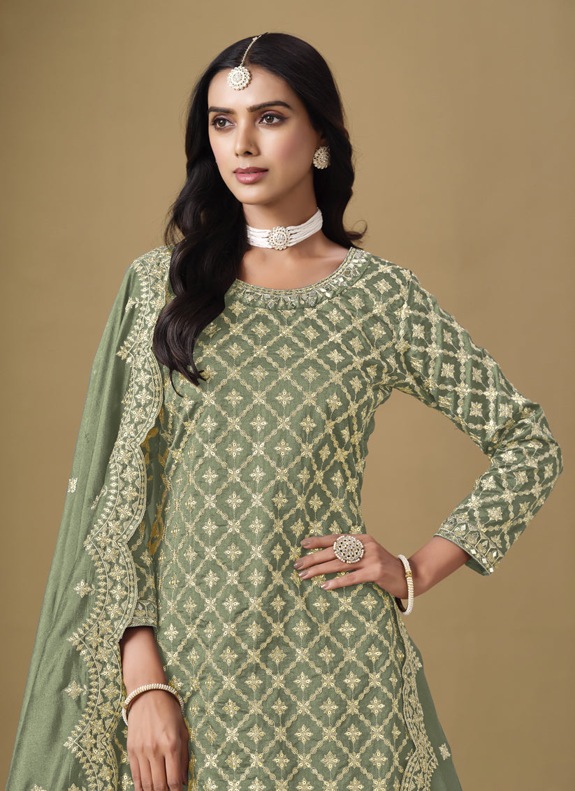 sage green art silk embroidered readymade lehenga kameez
