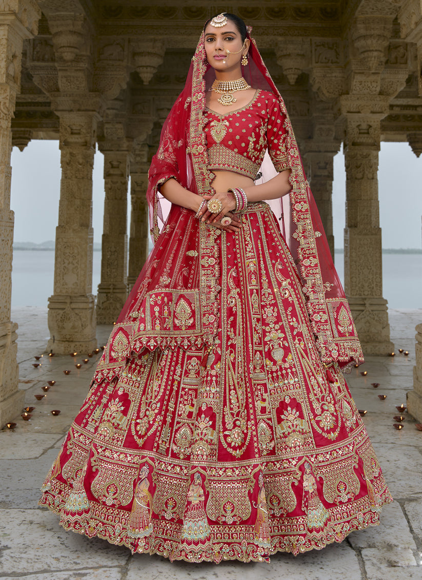 Hot Red Silk Embroidered Bridal Lehenga Choli