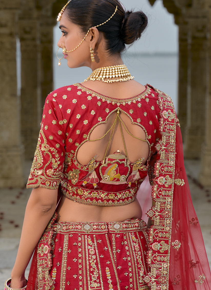 Hot Red Silk Embroidered Bridal Lehenga Choli