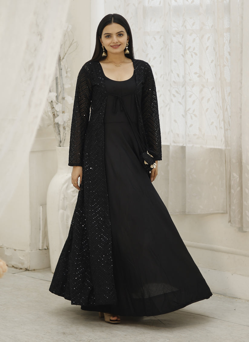 Black Rayon Gown with Crochet Work Georgette Shrug