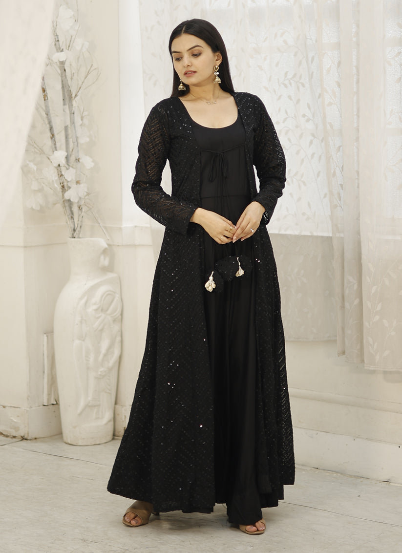 Black Rayon Gown with Crochet Work Georgette Shrug